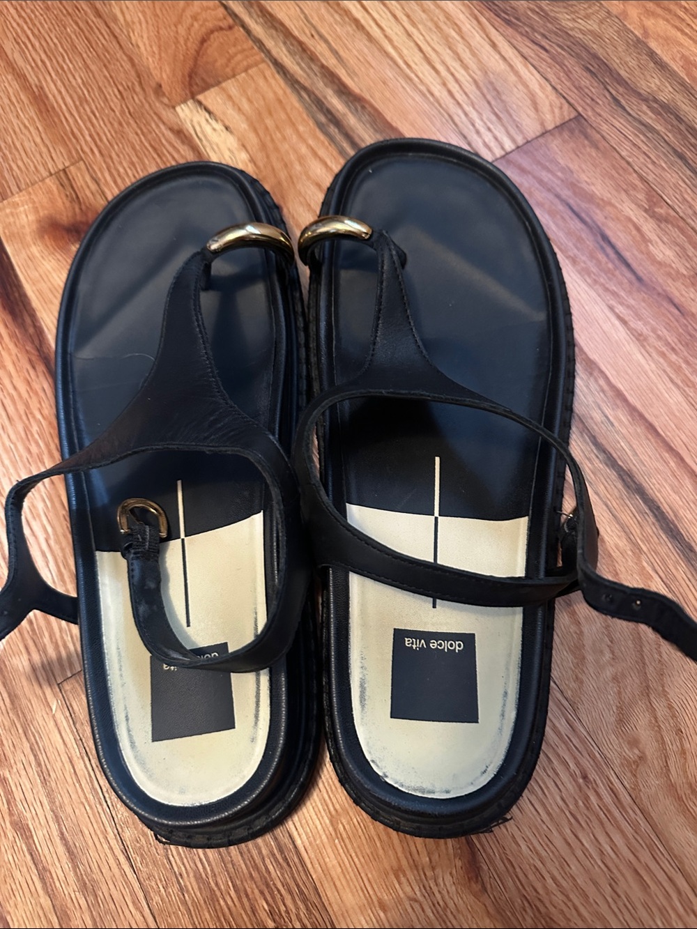Dolce Vita Black Leather Toe-Ring Sandals with Gold Accent Hardware